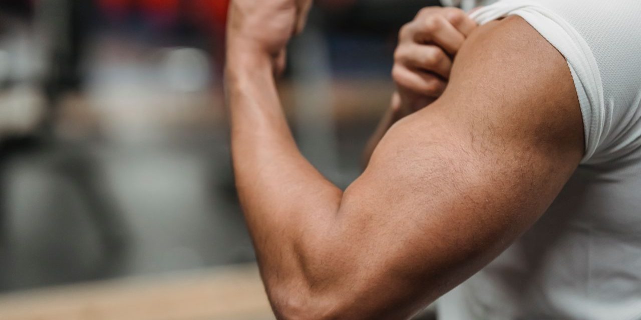 Crop anonymous sportsman in white shirt demonstrating biceps while training in modern gym